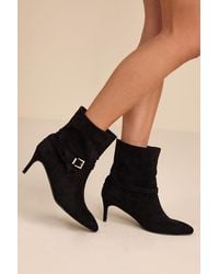 Lulus - Jonelle Suede Buckle High Heel Booties - Lyst