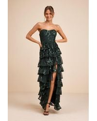 Lulus - Definite Glamour Emerald Sequin Strapless Bustier Maxi Dress - Lyst