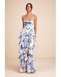 Lulus - Arletta And Floral Satin Bustier Tiered Maxi Dress - Lyst