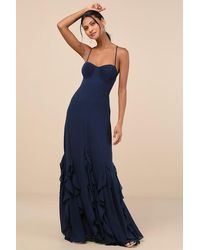 Lulus - Priela Dark Ruffled Lace-Up Maxi Dress - Lyst
