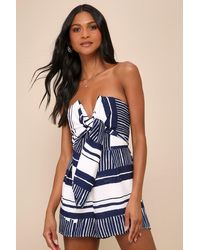 Lulus - Delphi Striped Tie-Front Strapless Romper - Lyst