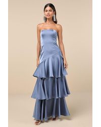 Lulus - Blissfully Beautiful Slate Satin Strapless Tiered Maxi Dress - Lyst