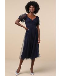 Lulus - Glorious Chicness Tulle Pleated Puff Sleeve Midi Dress - Lyst