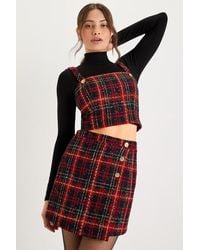 Lulus - Adorably Posh Plaid Tweed Faux-Wrap Mini Skirt - Lyst