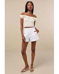 Lulus - Atarah Cream Open-Knit Off-The-Shoulder Sweater Top - Lyst