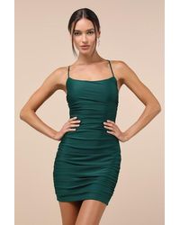 Lulus - Confident Allure Emerald Ruched Lace-Up Bodycon Mini Dress - Lyst