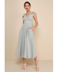 Lulus - Sweetest Posture And Cream Gingham Midi Dress With Pockets - Lyst