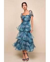 Lulus - Darling Vision Floral Organza Puff Sleeve Tiered Midi Dress - Lyst