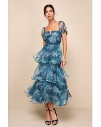 Lulus - Darling Vision Floral Organza Puff Sleeve Tiered Midi Dress - Lyst