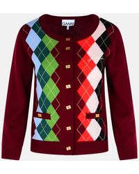Ganni - Burgundy Merino Wool Blend Check Cardigan - Lyst