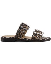 Ganni - Animalier Flat Sandal With Buckles - Lyst