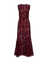 Self-Portrait - Self Portrait Burgundy Guipure Lace Belted Midi Dress - Lyst