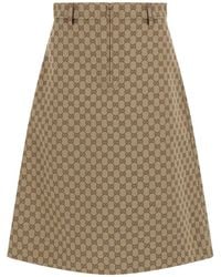 GUCCI ロゴプリント フレアスカート ブラウン Gucci GG Logo Print Pleated Midi Skirt in Brown | Lyst