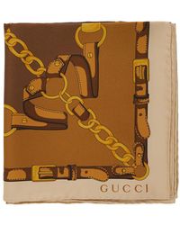 Gucci - Square Scarf With Chain Print And Logo Lettering - Lyst