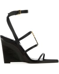 Saint Laurent - Leather Cassandre Wedges Sandal - Lyst