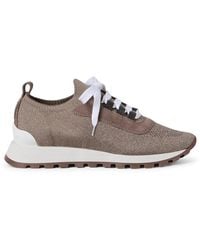 Brunello Cucinelli - Sparkling Suede And Cotton Mesh Runners With Shiny Eyelets - Lyst