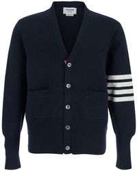 Thom Browne - Blue Cardigan With V Neck And Striped Detail On The Sleeve In Wool Man - Lyst