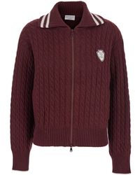 Brunello Cucinelli - Cardigan With Bicolor Collar And Logo Patch On The Front - Lyst