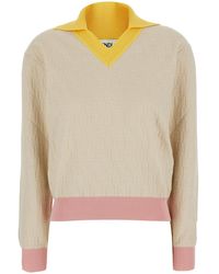 Fendi - Long-Sleeved Sweater With V-Neck And All-Over Ff Motif - Lyst