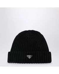 Prada - Virgin Wool Beanie With Enamelled Triangle Logo - Lyst