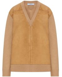 Prada - Suede-Panel V-Neck Wool Sweater Clothing - Lyst