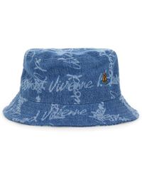 ★Vivienne Westwood★ Logo Bucket Hat Blue 81020009W014IK306 Vivienne Westwood Blue Coated Denim Bucket Hat - BrandAlley