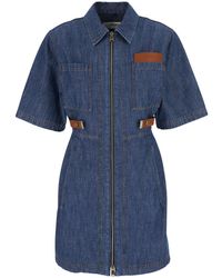 Fendi - Dress With Classic Collar And Leather Logo Patch On The Front - Lyst