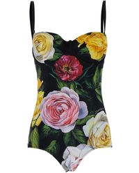 Dolce & Gabbana - One-Piece Swimsuit With Buckle With Logo On The Rear And All-Over Floral Print - Lyst