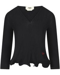 Fendi - V-Neck Ribbed Top With Ruffles - Lyst