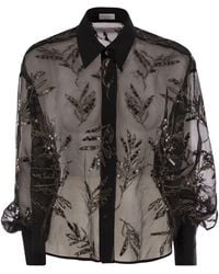 Brunello Cucinelli - Crispy Silk Shirt With Glistening Flora Embroidery - Lyst