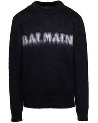 Balmain - Crewneck Sweater With Maxi Logo Lettering On The Front And Brushed Effect - Lyst