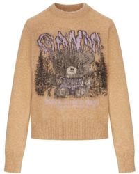 Ganni - Crewneck Knit Sweater With Front Graphic Intarsia - Lyst