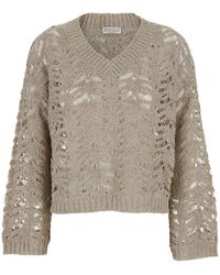 Brunello Cucinelli - Sweater With V Neck And Perforated Details - Lyst
