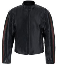 Gucci - Leather Jacket With Web Stripe Details Cow Coat - Lyst