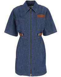 Fendi - Dress With Classic Collar And Leather Logo Patch On The Front - Lyst
