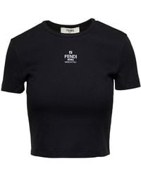 Fendi - T-Shirt A Coste Cropped Con Dettaglio Logo - Lyst