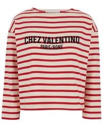 Valentino - Crewneck T-Shirt With Logo Lettering On The Front And All-Over Striped Motif - Lyst