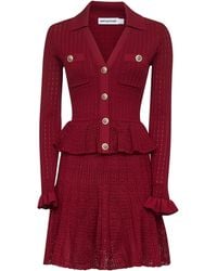Self-Portrait - Self Portrait Burgundy Pointelle Knit Long-Sleeved Mini Dress - Lyst