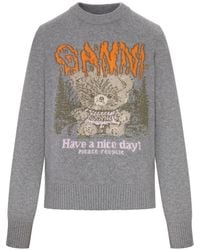 Ganni - Crewneck Knit Sweater With Front Graphic Intarsia - Lyst