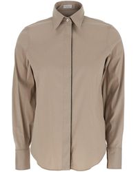 Brunello Cucinelli - Shirt With Classic Collar And Monil Detail On The Front N Cotton Blend - Lyst