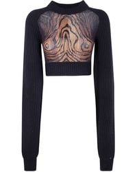 Jean Paul Gaultier - Lambswool Ribbed Long Sleeves Cropped Sweater With Printed Mesh Cut Out Details - Lyst