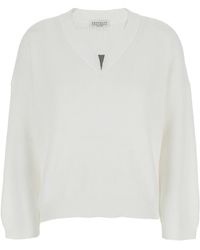 Brunello Cucinelli - Sweater With V Neck And Monil Detail On The Neck - Lyst