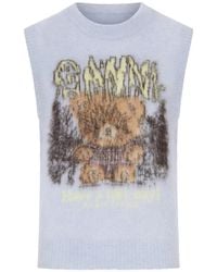 Ganni - Crewneck Knitted Vest With Front Graphic Intarsia - Lyst