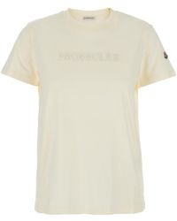 Moncler - Crewneck T-Shirt With Tonal Logo Lettering Embroidery On The Front And Logo Patch On The Sleeve - Lyst