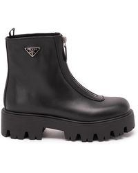 Prada - Leather Zipper Booties - Lyst