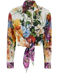 Dolce & Gabbana - Cropped Shirt With Tie Closure On The Front And All-Over Floral Print - Lyst