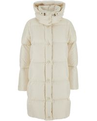 Moncler - 'Litte' Long Down Jacket With Drawstring Hood And Logo Patch On The Sleeve - Lyst