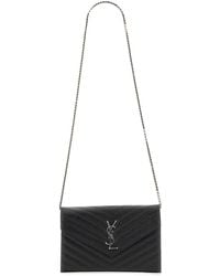 Saint Laurent - Quilted Textured Leather Monogram Wallet With Chain - Lyst