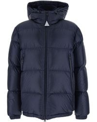 Moncler - 'Rivau' Dark Down Jacket With Fixed Hood And Logo Patch On The Sleeve - Lyst