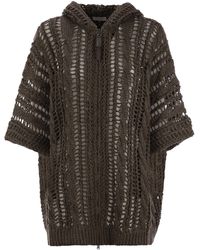 Brunello Cucinelli - Cable & Mesh Jute And Cotton Cardigan With Hood And Shiny Zipper Pull - Lyst